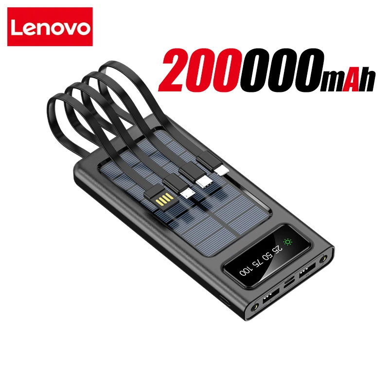 Lenovo Solar Power Bank 200000mAh Large Capacity Mobile Power Fast Charging Battery With Dual USB 4-Cables For iPhone Samsung