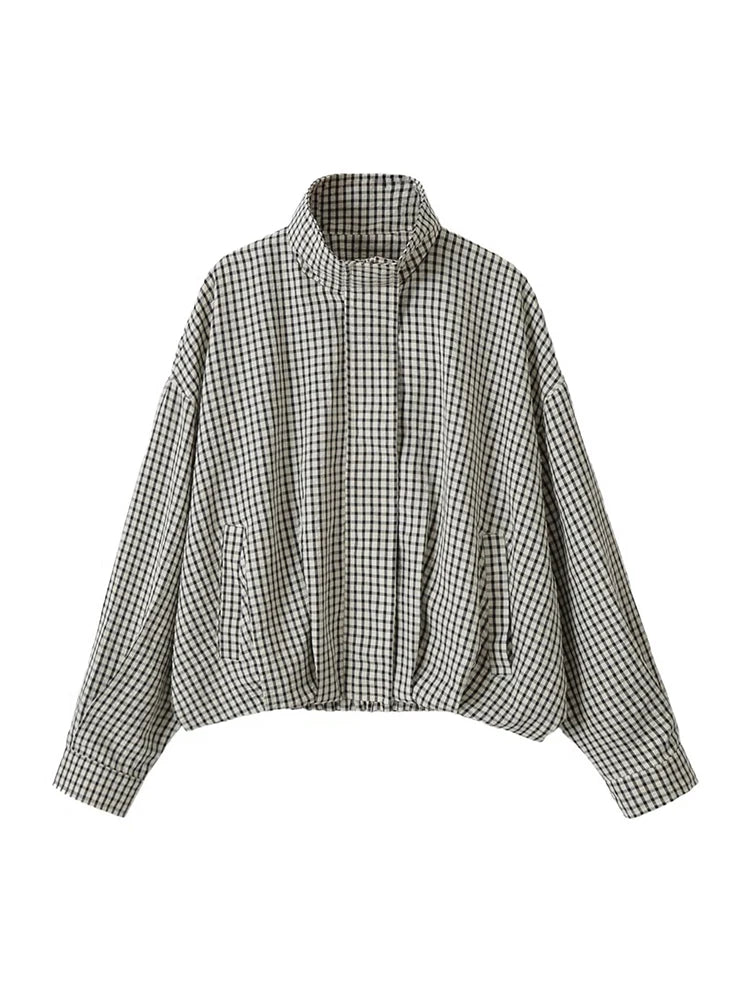 Women Casual Plaid Short Trench Coat Lapel Double Breasted Belted Waist Loose Long Sleeve Checkered Jacket Autumn Windbreaker