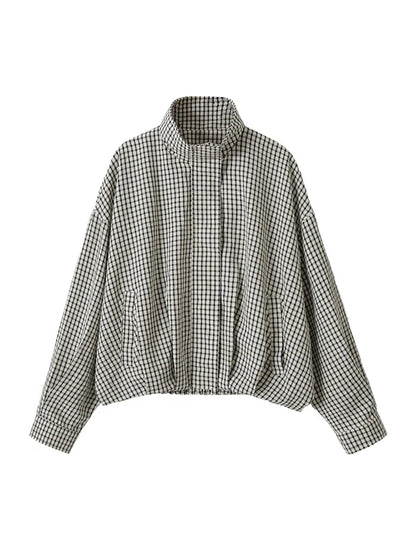 Women Casual Plaid Short Trench Coat Lapel Double Breasted Belted Waist Loose Long Sleeve Checkered Jacket Autumn Windbreaker
