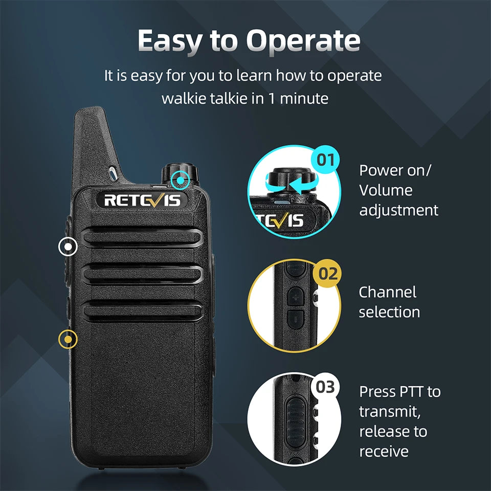 Retevis RT622/RT22 2 pcs Mini Walkie Talkie License Free PMR/FRS Two Way Radio VOX Type-C Portable for Hotel Restaurant Camping