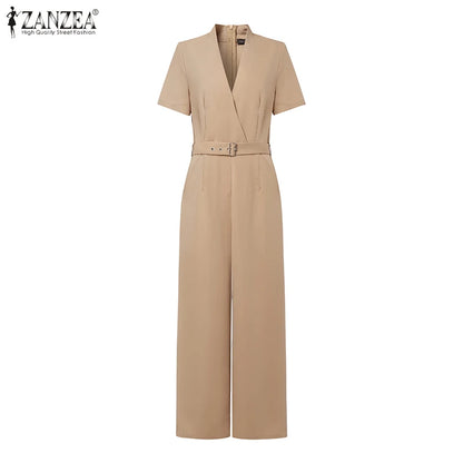 ZANZEA Street Fashion High Waist Jumpsuits Women Workwear Belt Rompers Solid Deep V Neck Elegant Office Lady Long Overalls