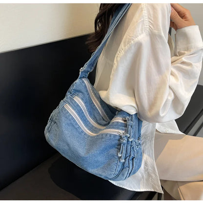 Vintage Denim Women's Shoulder Bag Large Capacity Messenger Bag Multi-pockets Satchel Bags Adjustable Strap Ladies Crossbody Bag
