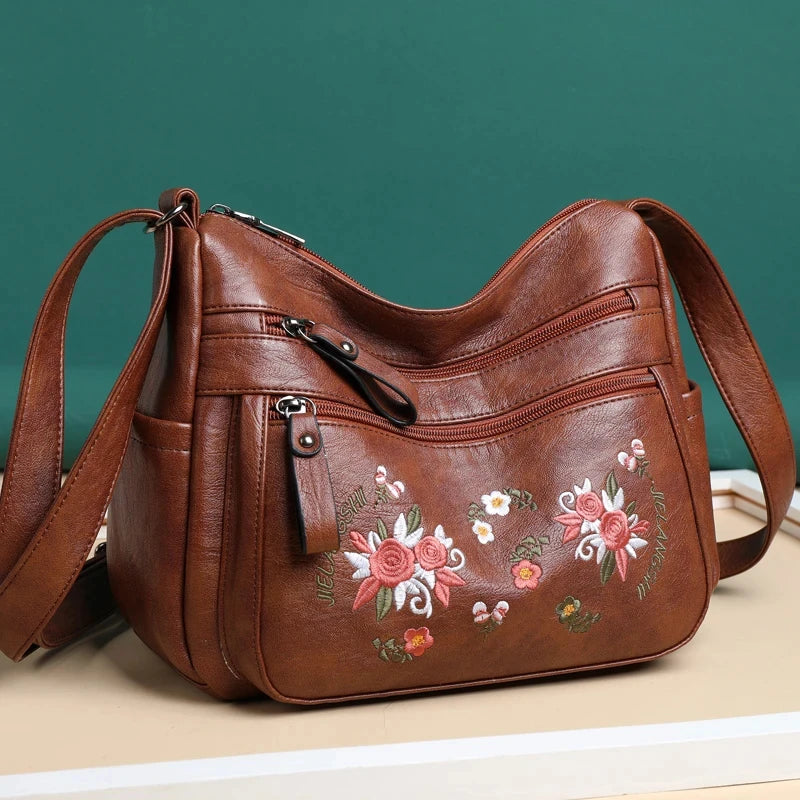 Embroidery Flowers Shoulder Messenger Bag Female Handbags Luxury Designer Purses Soft PU Leather Crossbody Women's Evening Bag