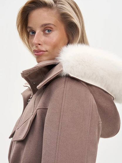Faux Fur Patchwork Ski Jumpsuit Women Detachable Hoodie Long Sleeves Belts Zipper Warm Skiwear Female 2025 Winter Warm Rompers