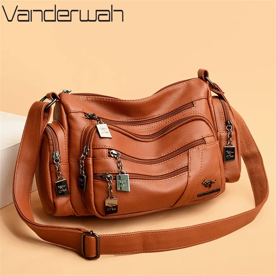 Many Pockets Women Leather Top-handle Bag Luxury Designer Female Shoulder Messenger Shopper Bags Brand Ladies Crossbody Handbags