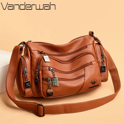 Many Pockets Women Leather Top-handle Bag Luxury Designer Female Shoulder Messenger Shopper Bags Brand Ladies Crossbody Handbags