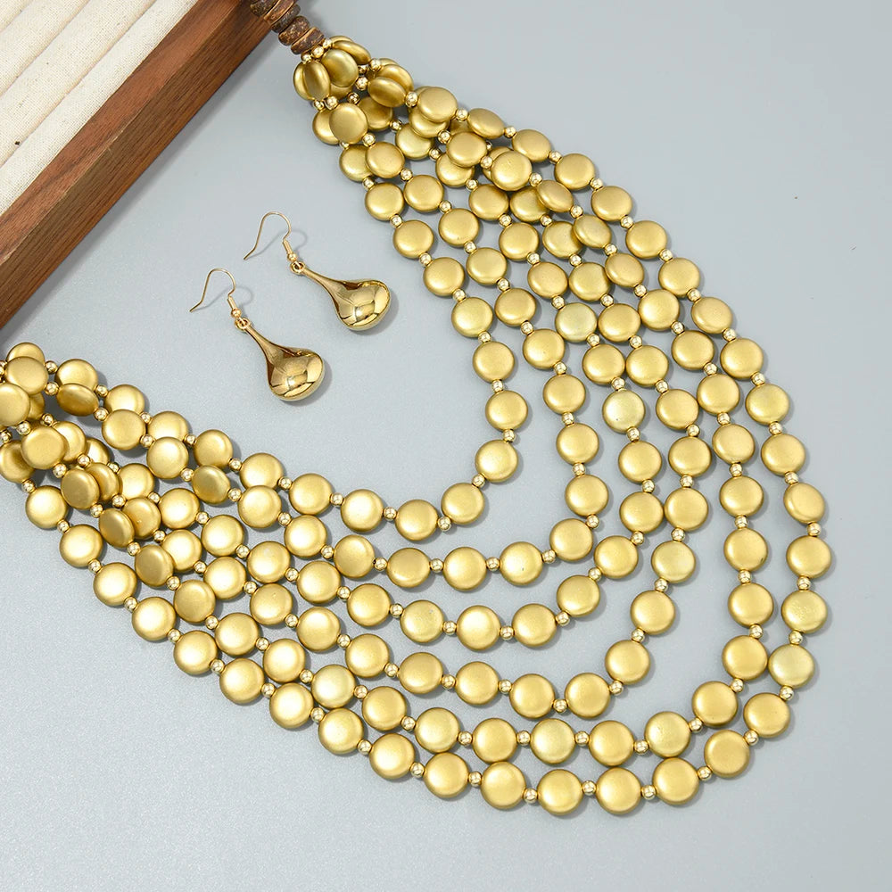 2026 Trend MultiLayer Round Wood Disc Handmade Beaded Statement Necklace Earrings Set For Women Beach Holiday Party Accessories