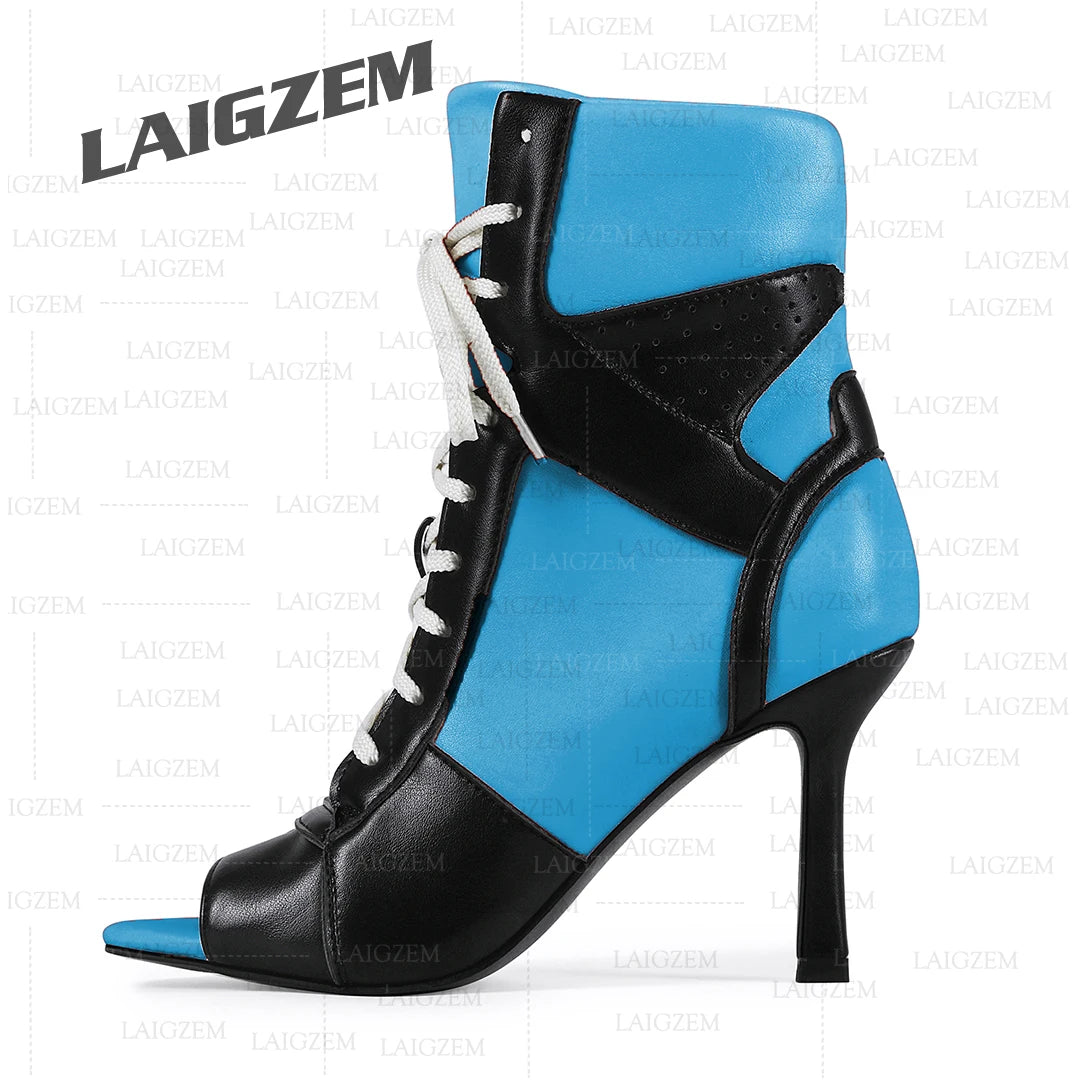 LAIGZEM Women Ankle Boots Patchwork Peep Toe Thin High Heels Boots Lace up Short Boos Ladies Handmade Shoes Woman Size 39 41 43