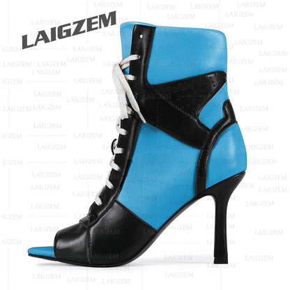 LAIGZEM Women Ankle Boots Patchwork Peep Toe Thin High Heels Boots Lace up Short Boos Ladies Handmade Shoes Woman Size 39 41 43