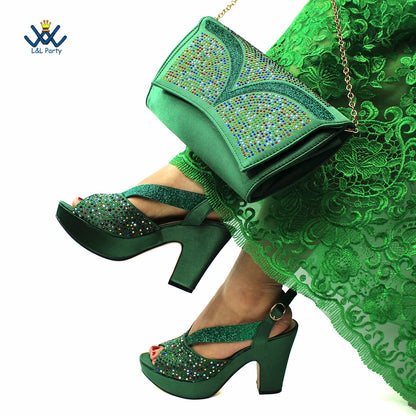 Buckle Strap Sandals Nigerian Women Shoes and Bag Set in Green Color with Wedges Heels For Ladies Party