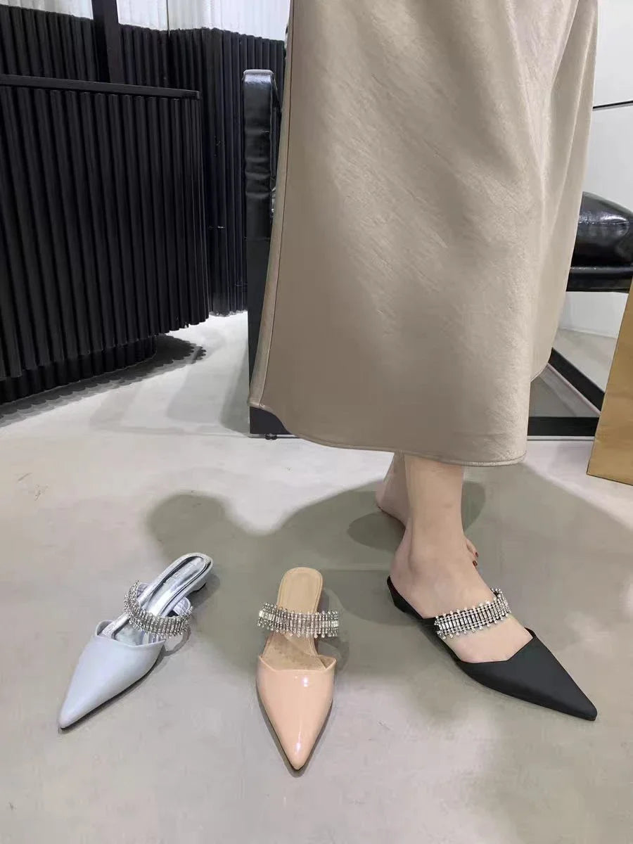 Luxury Crystal Women Slippers Pointed Toe Mules Shoes Elegant Heeled Sandals New Party Slingabck Flip Flops Elegant Mujer Shoes