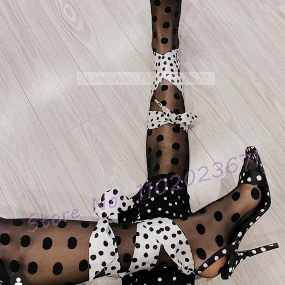Polka Dots Lace Up Sandals With High Heels Women Sexy Two Tone Elegant Shoes Office Lady Luxury Party Stiletto Dress Sandals
