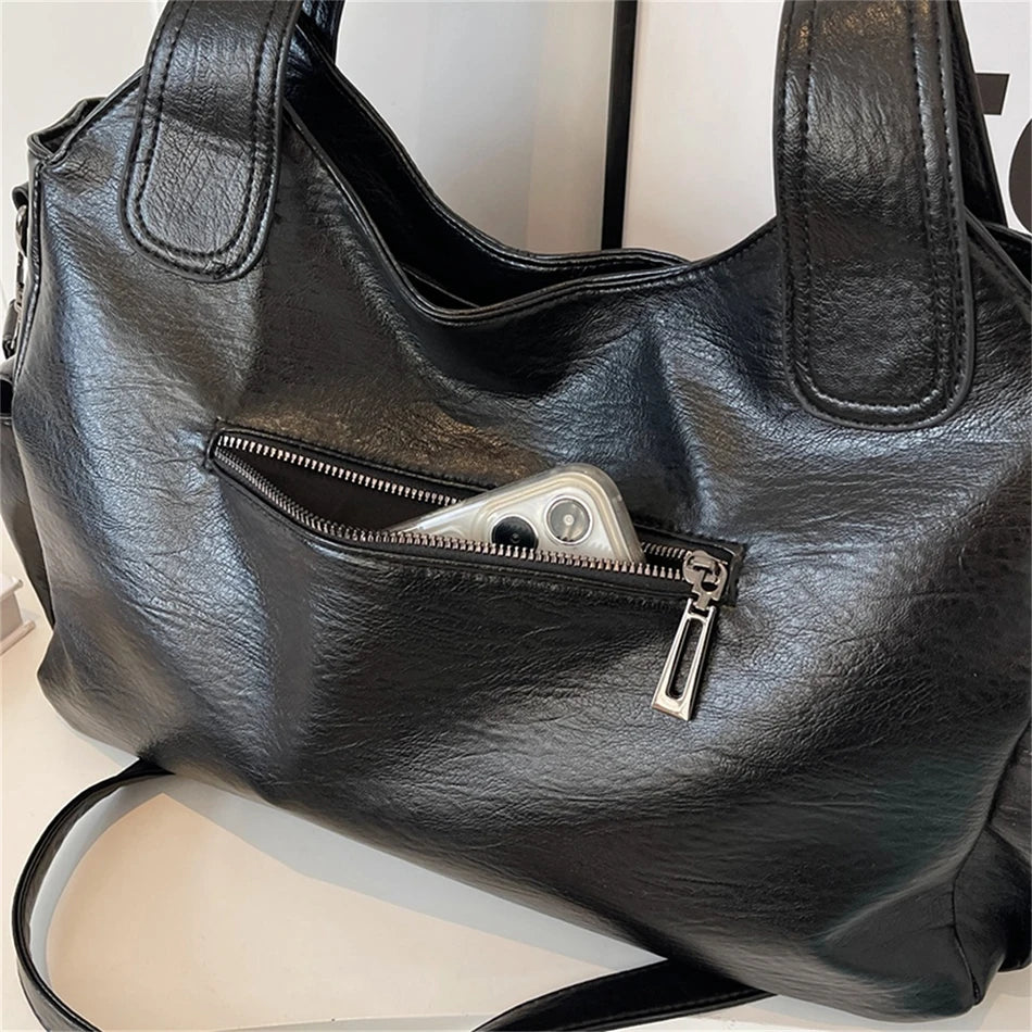 New Large Capacity Soft Leather Women's Handbag Fashion Trend Designer Women Shoulder Bag Simple Retro Female Travel Bags Sac