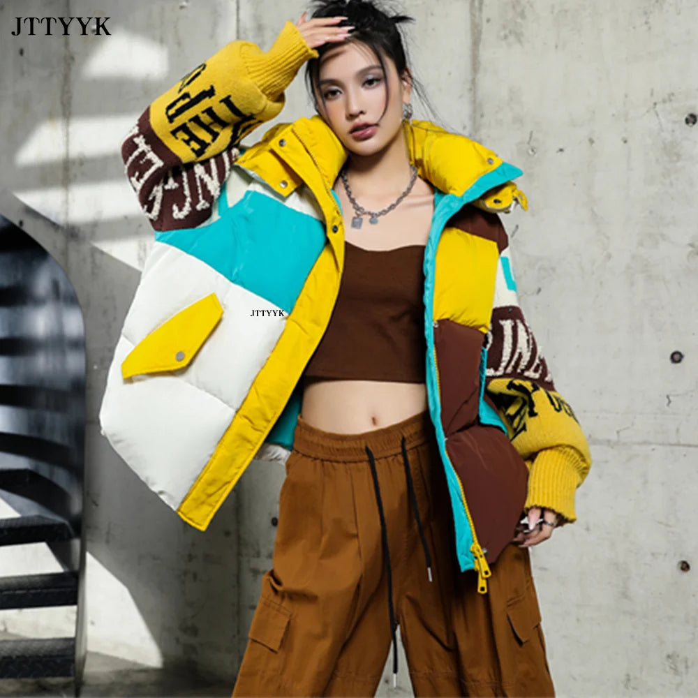Streetwear Letter Stitching Fashion Down Jacket Women's New Hooded Parka Loose Winter Down Coat Female Thick Casual Warm Clothes