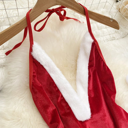 SINGREINY Christmas Cosplay Nightwear Playsuit Deep V Open Crotch Sheath Bodysuits Women Sexy Temptation Velvet Backless Rompers