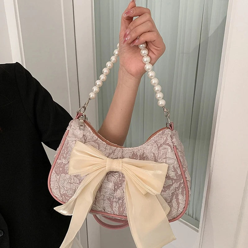 White Folds Pearl Female Bag Retro Luxury Designer Handbag Bow Crossbody Bags Fashion Y2K Vintage Women's Shoulder Bag Purses