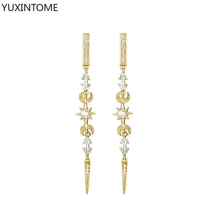 925 Sterling Silver Needle Long Chain Stud Earrings For Women Exquisite Zircon Geometric Tassel Pendant Earrings Luxury Jewelry