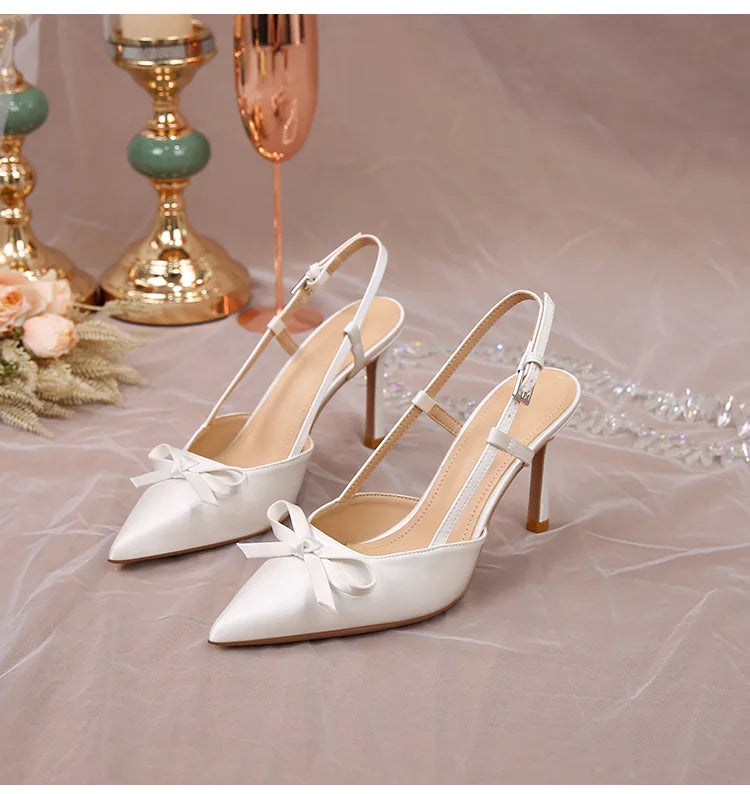 Women Pumps White Wedding Shoes Bride Luxury Satin Butterfly-knot Pointed Toe Adjustable Slingback Heels Elegant Women Heels