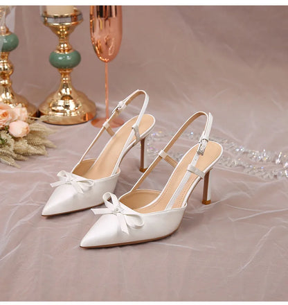 Women Pumps White Wedding Shoes Bride Luxury Satin Butterfly-knot Pointed Toe Adjustable Slingback Heels Elegant Women Heels