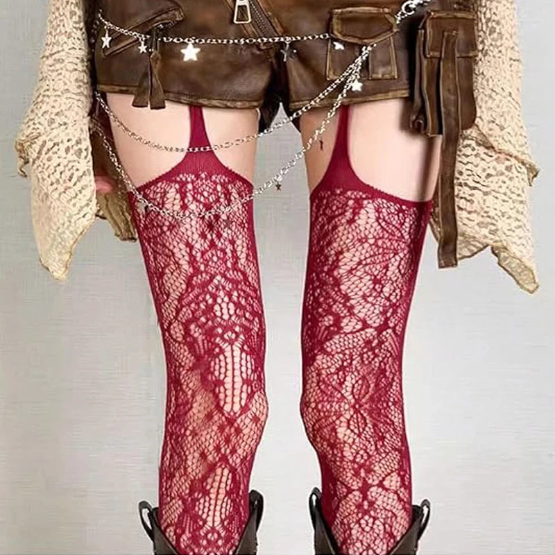 Korean INS Hollowed Lace Mesh Stockings Women Pantyhose Hot Tights Japanese Lolita Retro Floral Rattan Black White Long Socks