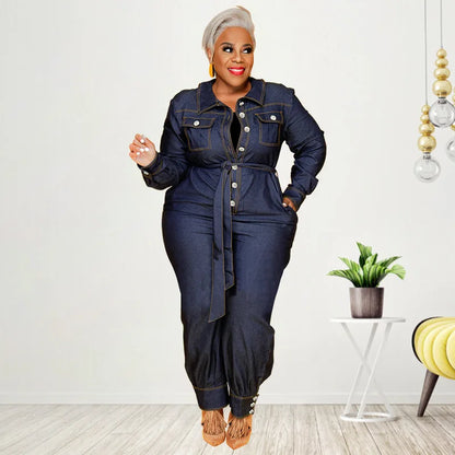 Jumpsuits Women Denim One Piece Turn Down Collar Y2k Streetwear Overalls Long Pants Lace Up High Waist Casual Spring Rompers