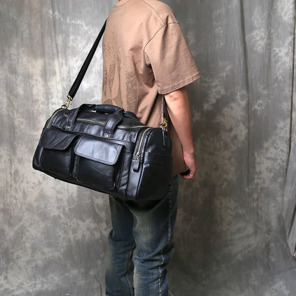 Vintage Large Capacity Men's Top Layer Cowhide Travel Bag Genuine Leather Crossbody Bag Hand-Held Short Distance Luggage Bag