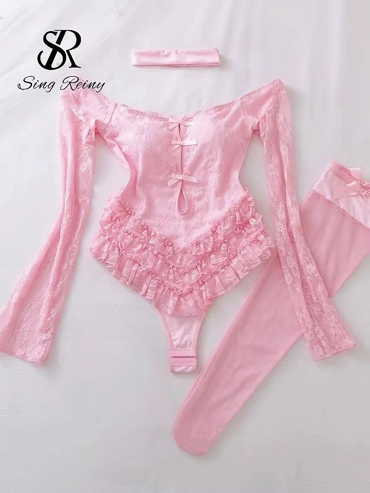 SINGREINY Off Shoulder Hotsweet Sexy Bodysuits Women Long Sleeves Ruffles Sweet Rompers Hollow Out Floral Lace Pink Playsuits