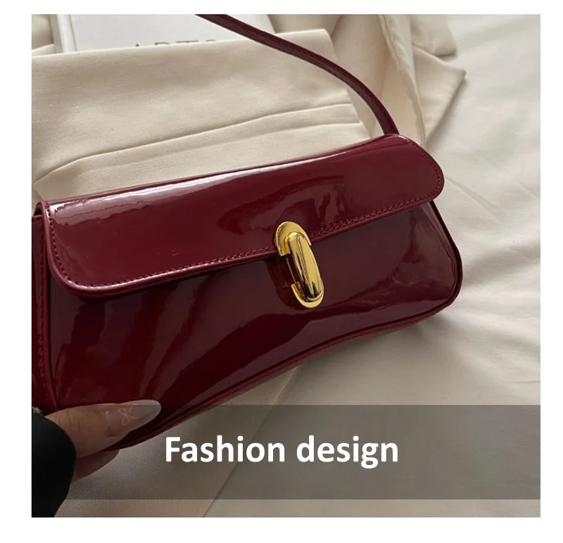 Fashion ladies shiny crossbody bag stylish elegant shoulder bag wine red small underarm bag versatile solid color clutch bag