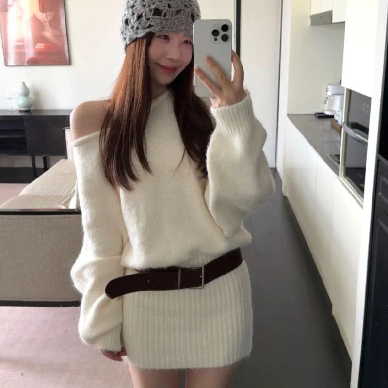 Off Shoulder Knit Mini Dress Women Slant Collar Long Sleeve Belt Autumn Dresses French Elegant Solid Sweet Aesthetic Retro Dress