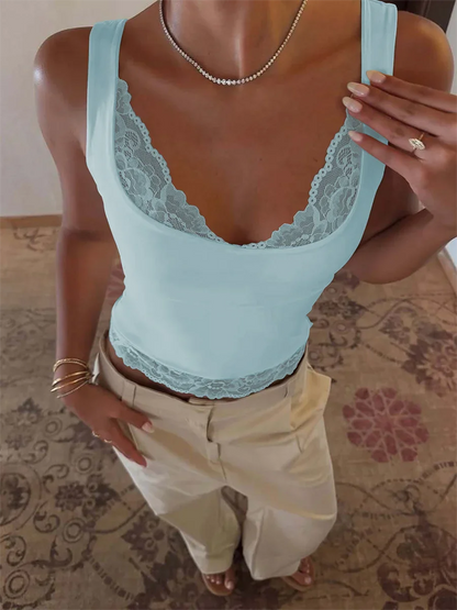 Dulzura Square Collar Backless Slim Lace Ruffles Patchwork Tank Top Women'S Fashion Sexy Y2K Top Party Vacation Summer Clothes