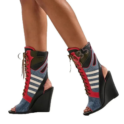 Denim Color Block Open Toe Ankle Boots Women White Stripes Patchwork Front Lace Up Contrast Wedge High Heel Fashion Cutout Boots