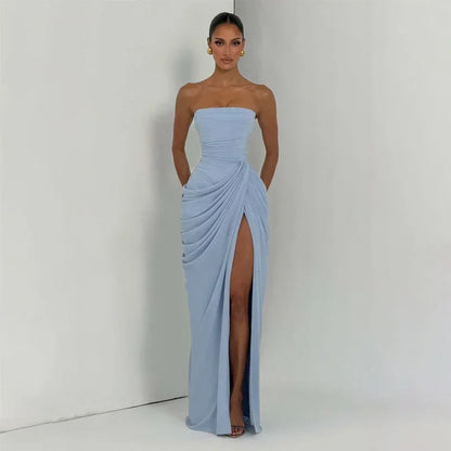 Solid Pleated Strapless Women's Dress Backless Off-shoulder High Waist Split Female Dresses 2026 Sexy Summer Evening Party Gown