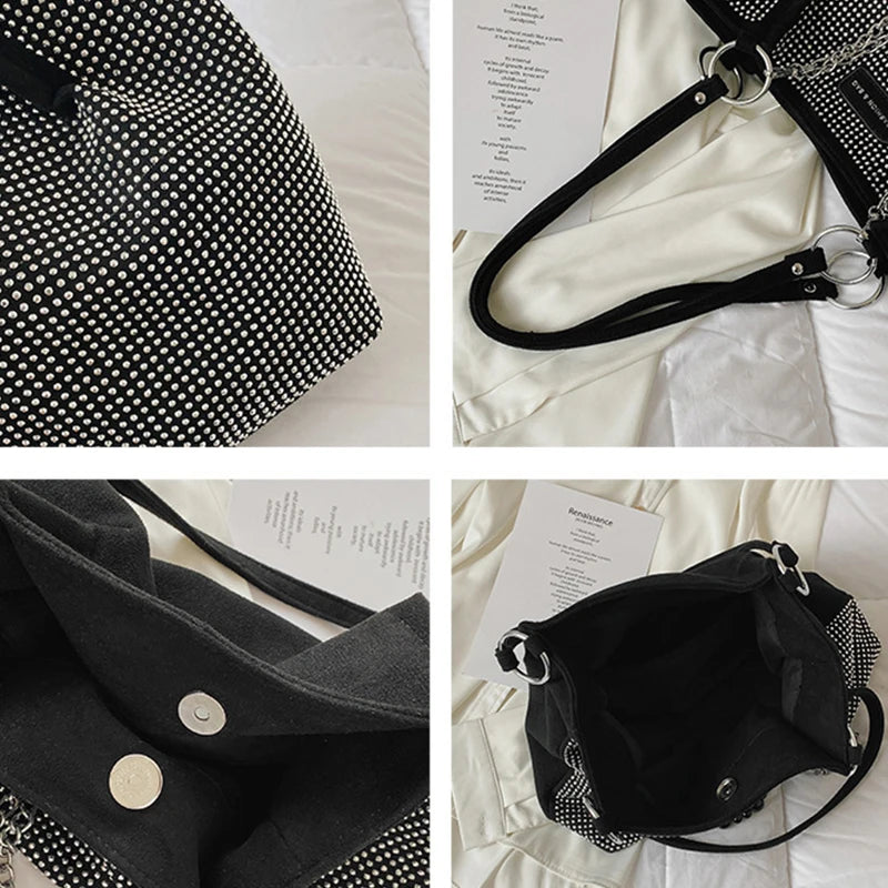 Yogodlns Luxury Rhinestone Bucket Bag For Women Fashion Brands Shouldr Bag Trendy Underarm Bag Shopping Handbag Purse Bolsa