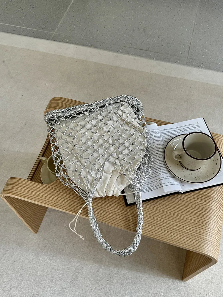 Hylhexyr Ins New Solid Color Gold and Silver Thread Handmade Weaving Bag Bucket Shaped Fashion Handbag Beach Bags