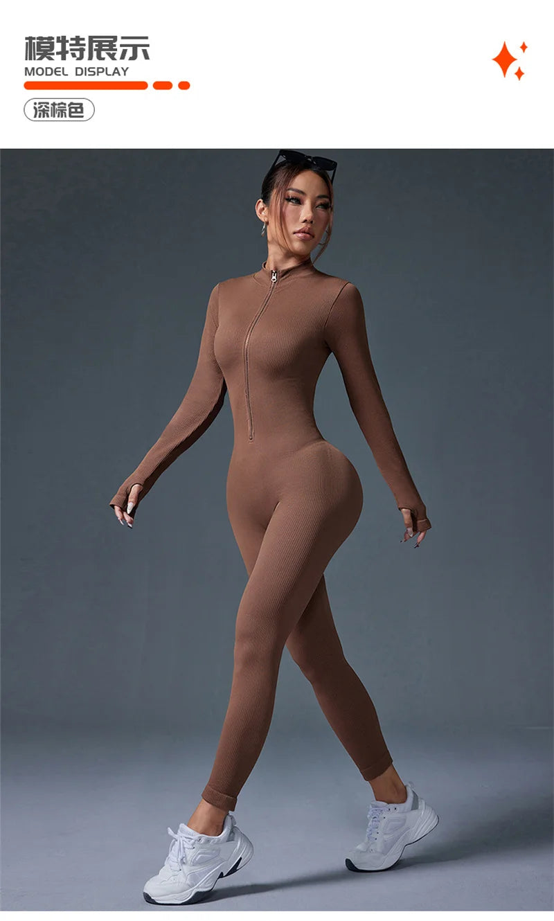 Screw Zipper Long Sleeve Jumpsuit Woman Slim Gym Workout Running Yoga Jumpsuits Women V Neck Tight Sports Fitness Clothes
