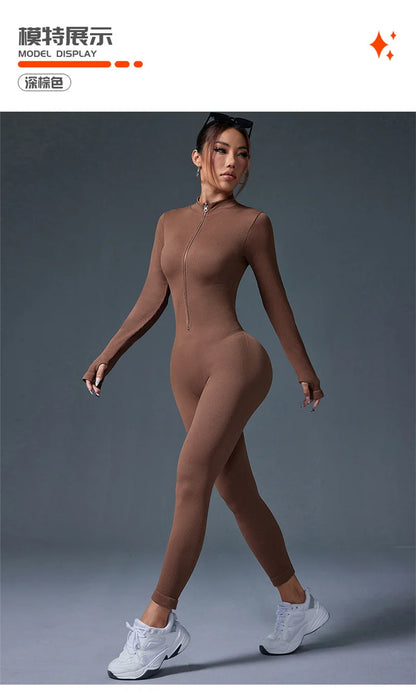 Screw Zipper Long Sleeve Jumpsuit Woman Slim Gym Workout Running Yoga Jumpsuits Women V Neck Tight Sports Fitness Clothes