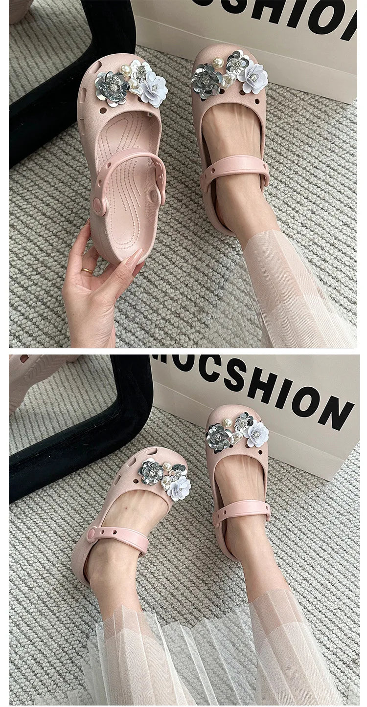 Clogs Summer Slippers Women Luxury Pearl Metal Flower Mary Janes Designer Ballet Shoes Girls Corc Charms Sandals Indoor Outdoor
