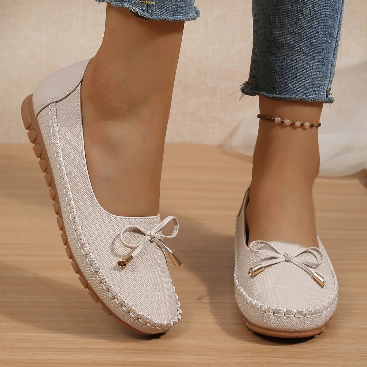 Goreyodoly Womens Casual Slip On Flats Woven Pattern Bow Breathable Lightweight Comfortable Daily Walking Shoes