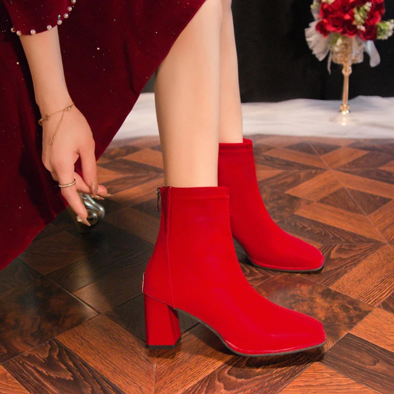 Big Red Boots Woman Shoes Wedding Bride Elegant Boot and Ankle Boots for Women Chunky Fashion Luxury Fashion High Heels on Offer