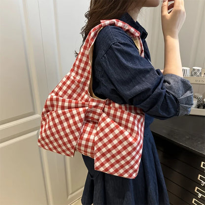 Women Red White/ Blue White Gingham Plaid Tote Bag with Big Bow Decor, Large Capacity Soft Canvas Shoulder Handbag, Casual Shopping Bag for Picnic Travel Daily Commute