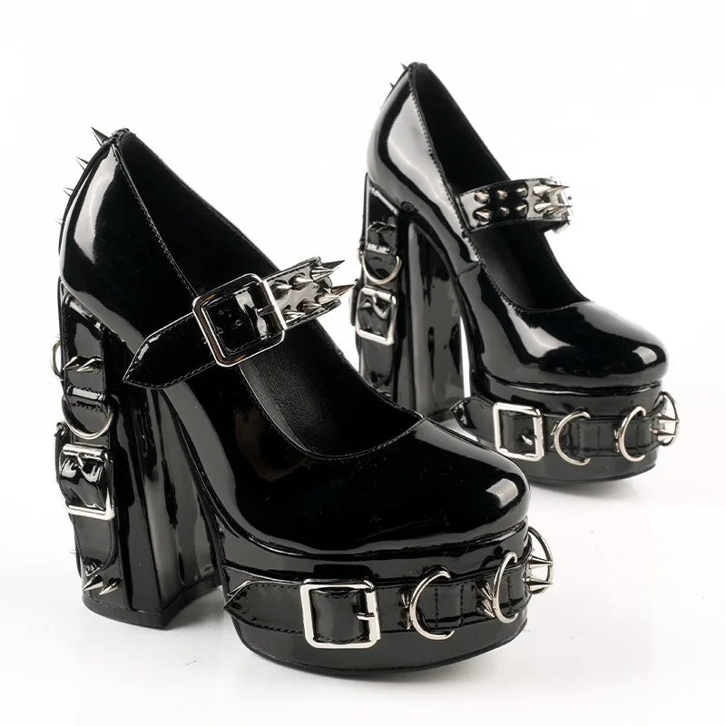 Punk Style Black Rivet Buckle High Heels Women's Trendy Gothic Sizes 36-47 Waterproof Platform Belt Buckle Thick Heel Nude Shoes