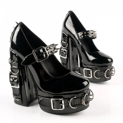 Punk Style Black Rivet Buckle High Heels Women's Trendy Gothic Sizes 36-47 Waterproof Platform Belt Buckle Thick Heel Nude Shoes