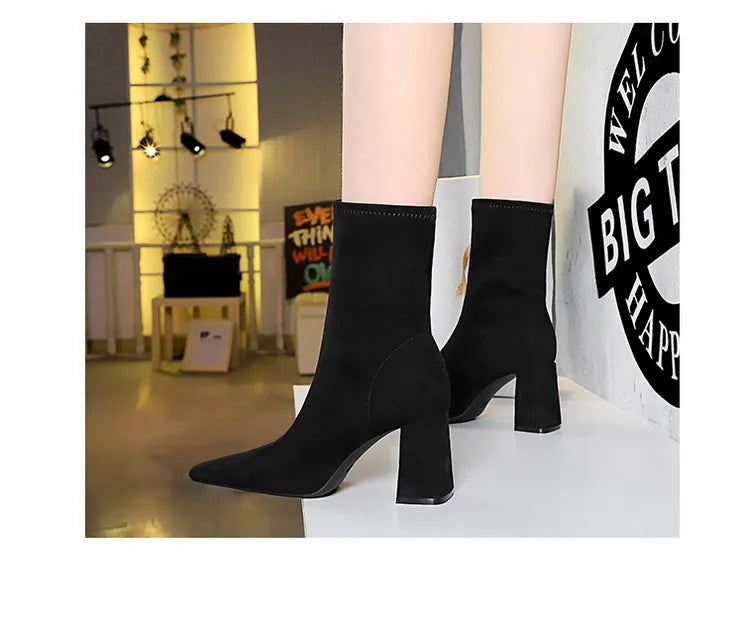 BIGTREE Shoes High Heel Boots Suede Women Ankle Boots Pointed Toe Socks Boots Thick Heel Women Shoes Warm Winter Boots Size 43