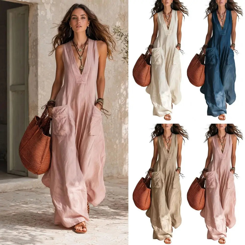 Lightweight Summer Jumpsuit Wide-leg Jumpsuit Women V Neck Jumpsuit with Pockets Wide Leg Rompers Summer Loose One for Everyday