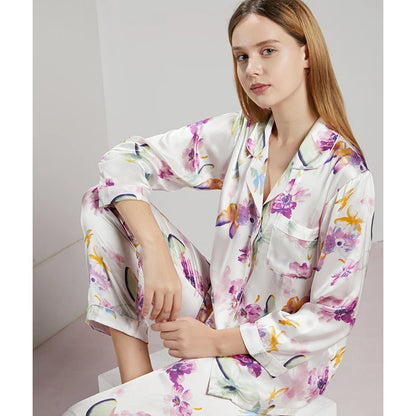 19MM 100% Mulberry Silk Pajamas Women Silk Sleepwear Lady Long-sleeved TrousersTwo-piece Spring Summer  Loose Sexy Home Clothes