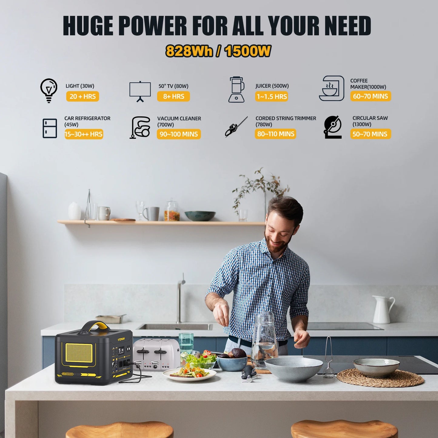 VTOMAN JUMP 1500X Portable Power Station Camping LiFePO4 Battery 828Wh 1500W AC Outlets Solar Generator For Home RV Outdoor