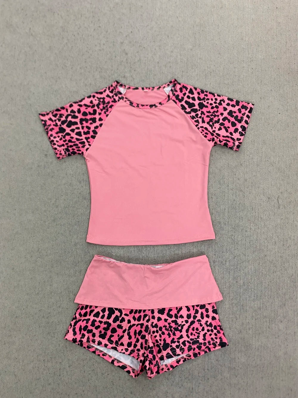 2026 summer new American retro leopard print patchwork short sleeved shorts set Y2K punk street fashion trend casual spicy girl