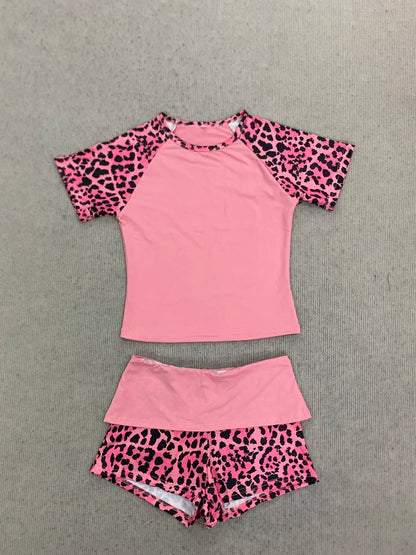 2026 summer new American retro leopard print patchwork short sleeved shorts set Y2K punk street fashion trend casual spicy girl