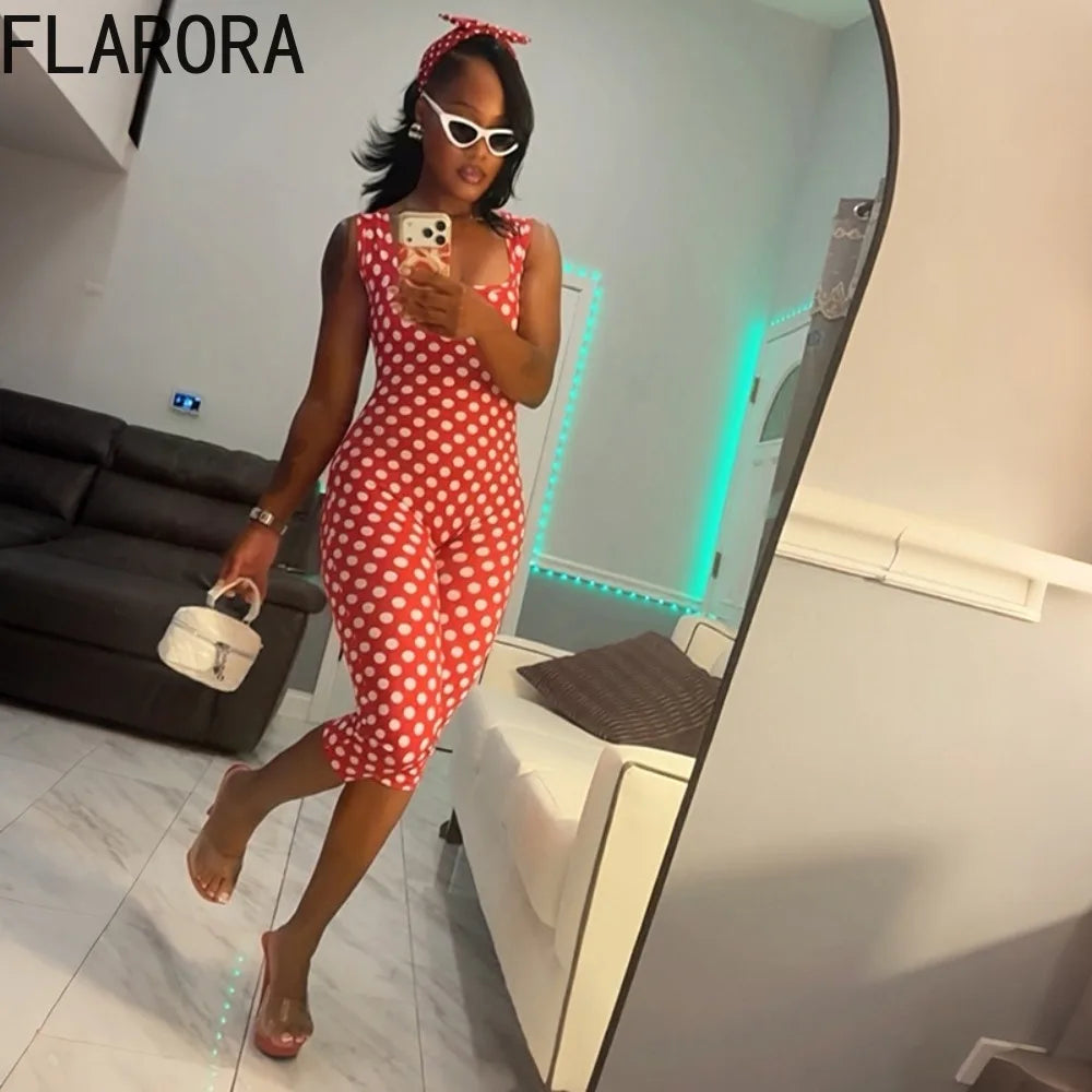 FLARORA Trendy Polka Dot Print Jumpsuit Woman Sexy Square Collar Sleeveless Backless Skinny Peach Hip Romper Hottie Streetwear