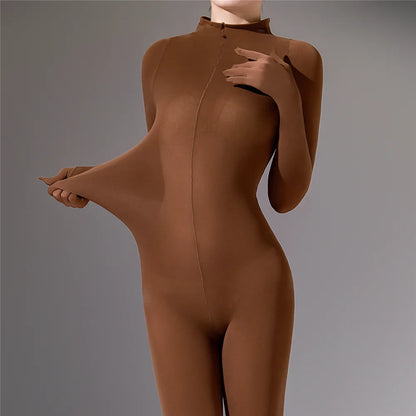 Plus Size Sexy Women 120D Five Finger Glove Sleeve Bodysuit Seamless Tight Warm High Elastic Shaping Cosplay Unisex Fit Jumpsuit
